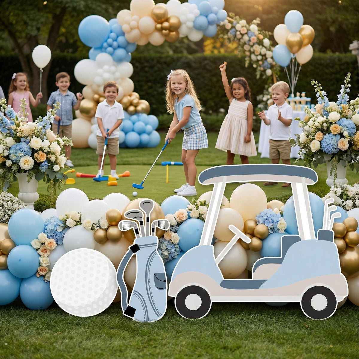 Hole in One Birthday Cutouts, Blue Golf Party Decor, Golf Baby Shower, 1st Birthday, Props, Sign, Golf Cart