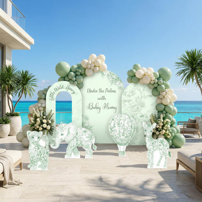 Green Toile Safari Animals Cutouts (Palm Arch & Elephants), Chinoiserie, Toile de Jouy Backdrop, Baby Shower Decor, 1st Birthday