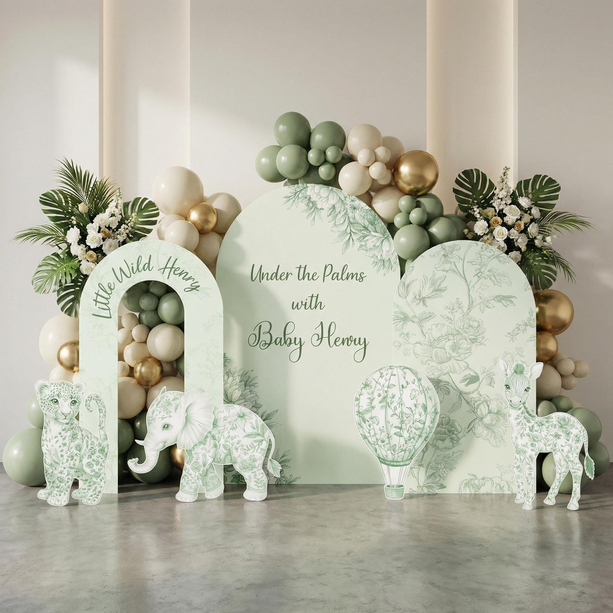 Green Toile Safari Animals Cutouts (Palm Arch & Elephants), Chinoiserie, Toile de Jouy Backdrop, Baby Shower Decor, 1st Birthday
