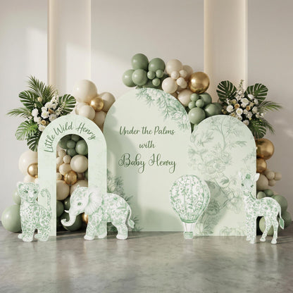 Green Toile Safari Animals Cutouts (Palm Arch & Elephants), Chinoiserie, Toile de Jouy Backdrop, Baby Shower Decor, 1st Birthday