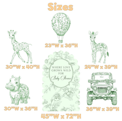 Green Toile Safari Animals Cutouts (Arch & Jeep), Chinoiserie, Toile de Jouy Backdrop, Baby Shower Decor, 1st Birthday