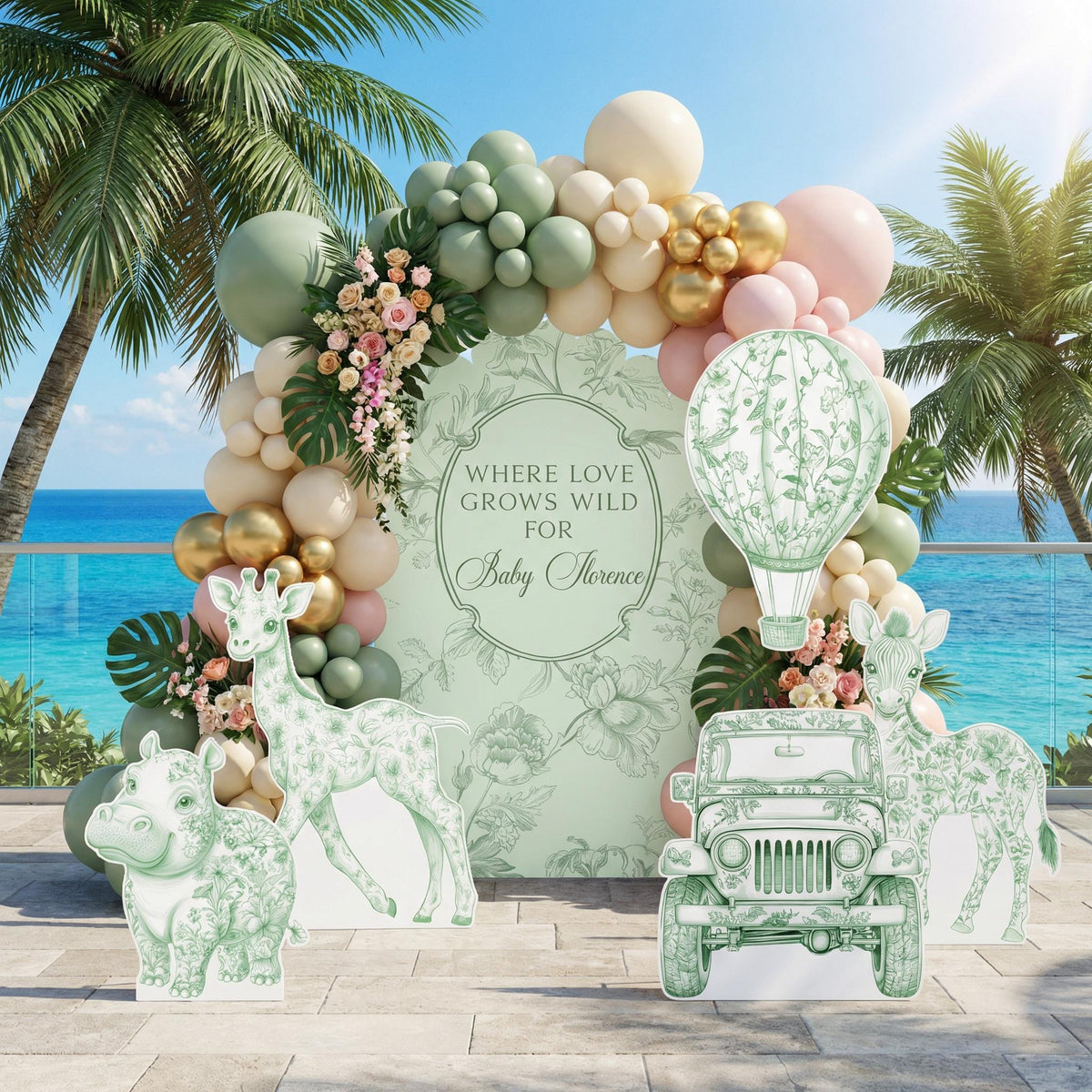 Green Toile Safari Animals Cutouts (Arch & Jeep), Chinoiserie, Toile de Jouy Backdrop, Baby Shower Decor, 1st Birthday