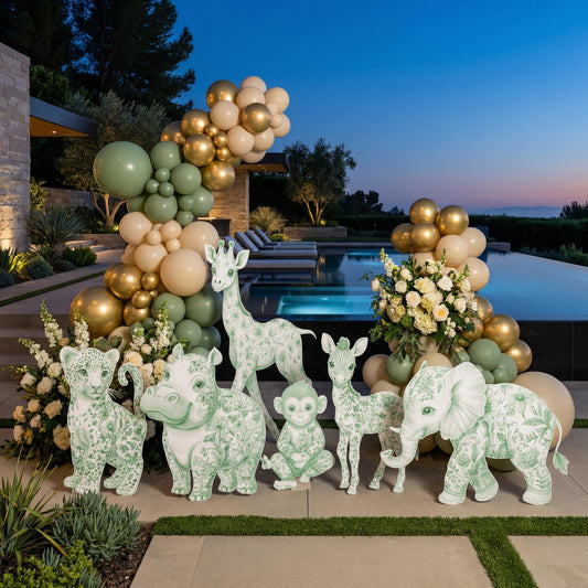 Green Toile Safari Animals Cutouts — custom party decor, printed and cut to shape