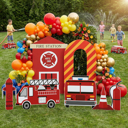 Firefighter Cutouts (Fire Station Facade), Backdrop, Yard Sign, Firefighter Theme Party, Centerpieces, Kids Even Decor, Fire Truck Props, Fire Station