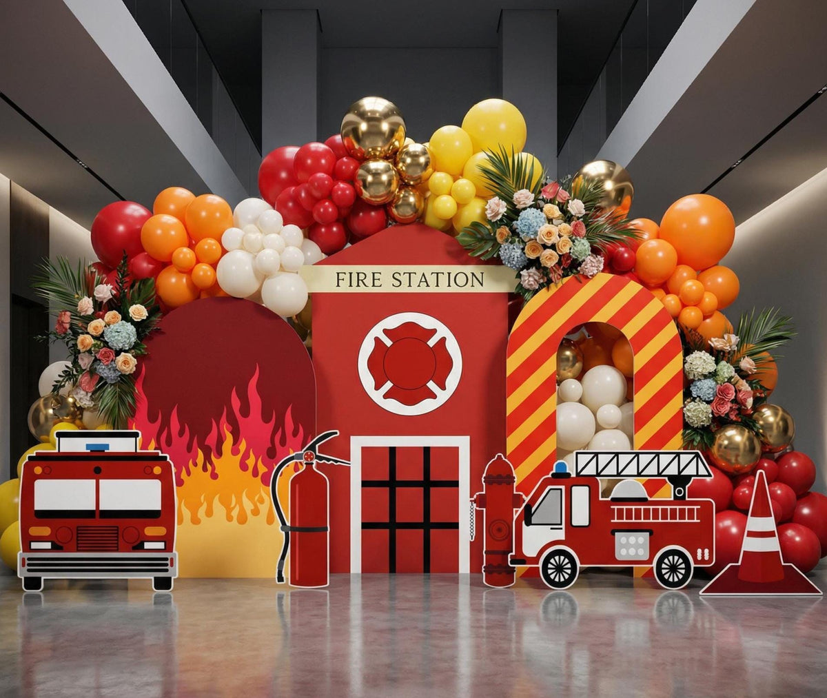 Firefighter Cutouts (Fire Station Facade), Backdrop, Yard Sign, Firefighter Theme Party, Centerpieces, Kids Even Decor, Fire Truck Props, Fire Station