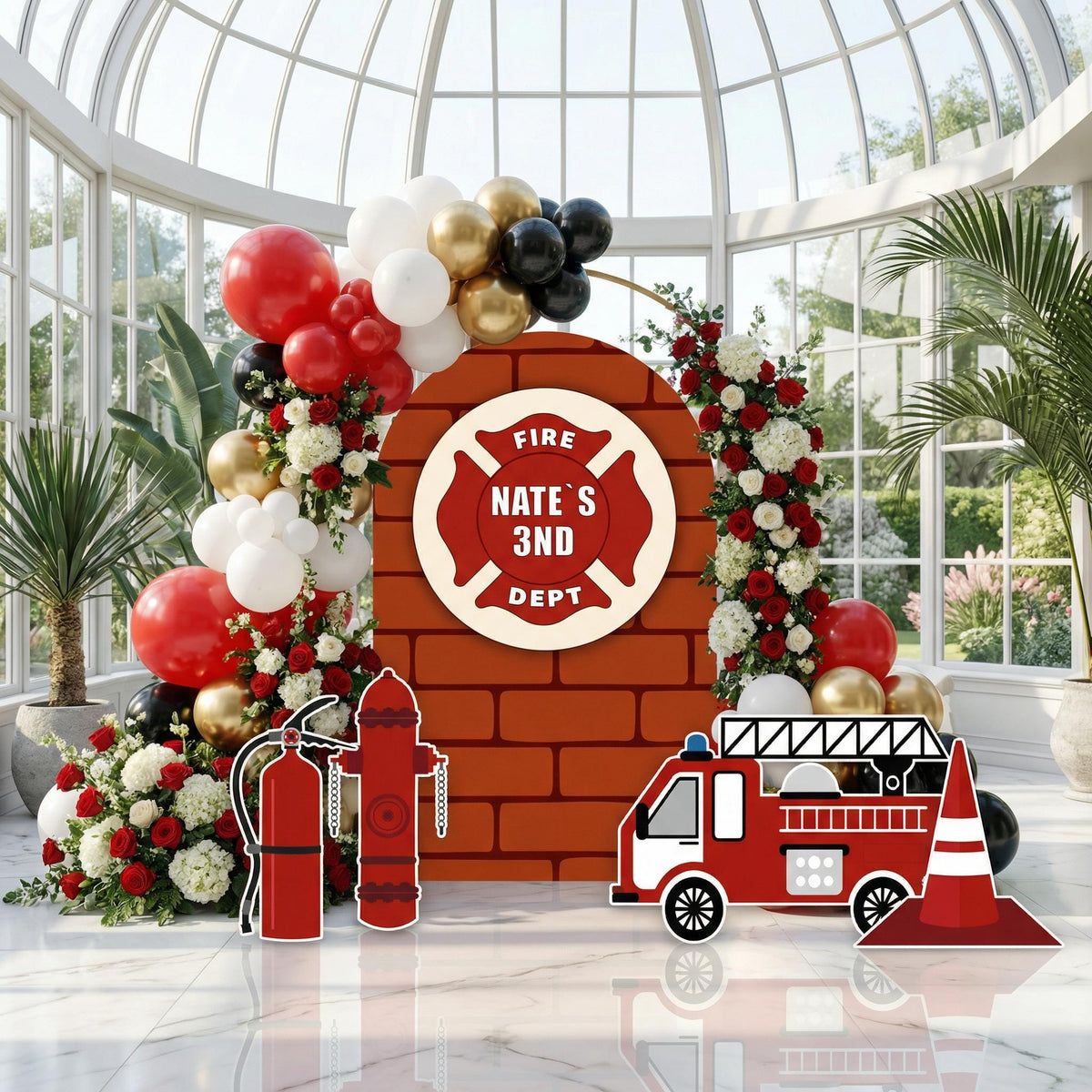 Firefighter Cutouts (Brick Badge Arch), Backdrop, Yard Sign, Firefighter Theme Party, Centerpieces, Kids Even Decor, Fire Truck Props, Fire Station