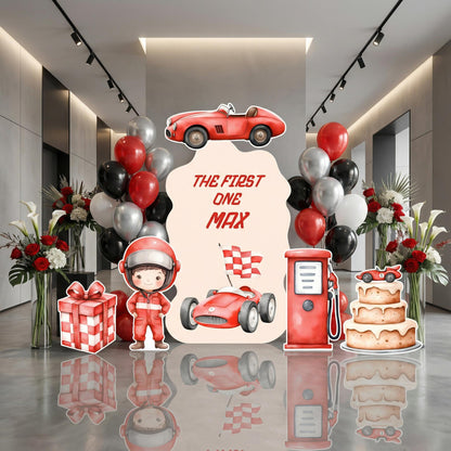 Red Racer Cutouts — custom party decor, printed and cut to shape