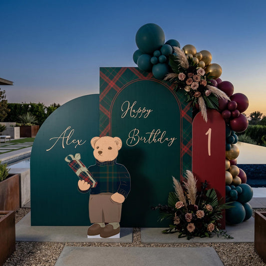 Plaid Teddy Bear Cutouts — custom party decor, printed and cut to shape