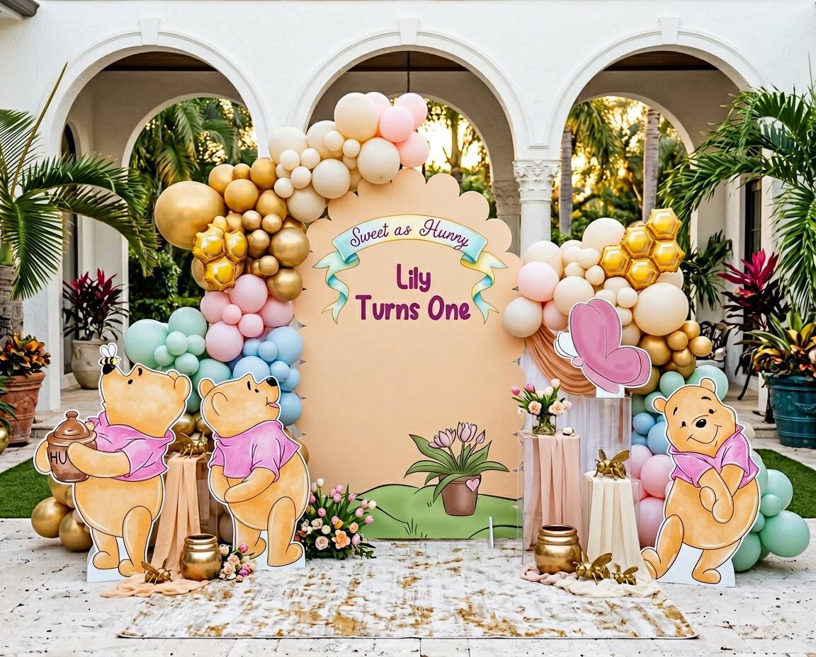 Pink Honey Bear Cutouts — custom party decor, printed and cut to shape