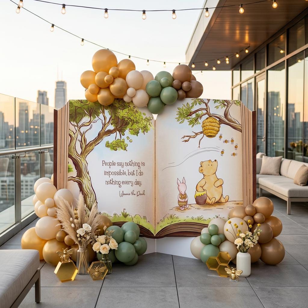 Classic Honey Bear Backdrop (Nothing Every Day Quote), Storybook Baby Shower, 1st Birthday Decor, Old Book Theme Props, Welcome Sign