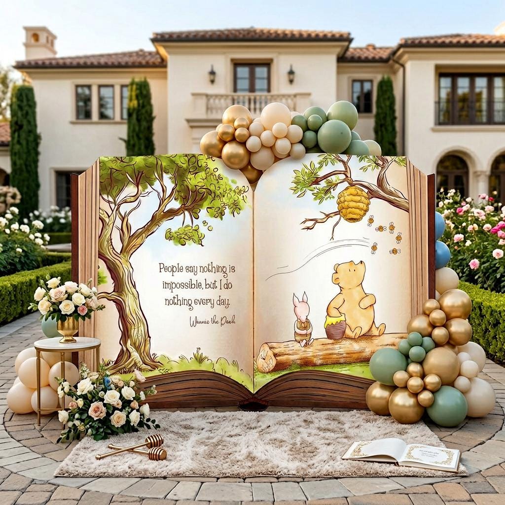 Classic Honey Bear Backdrop (Nothing Every Day Quote), Storybook Baby Shower, 1st Birthday Decor, Old Book Theme Props, Welcome Sign