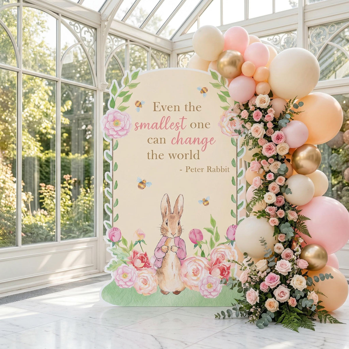 Pink Garden Bunny Cutouts — custom party decor, printed and cut to shape