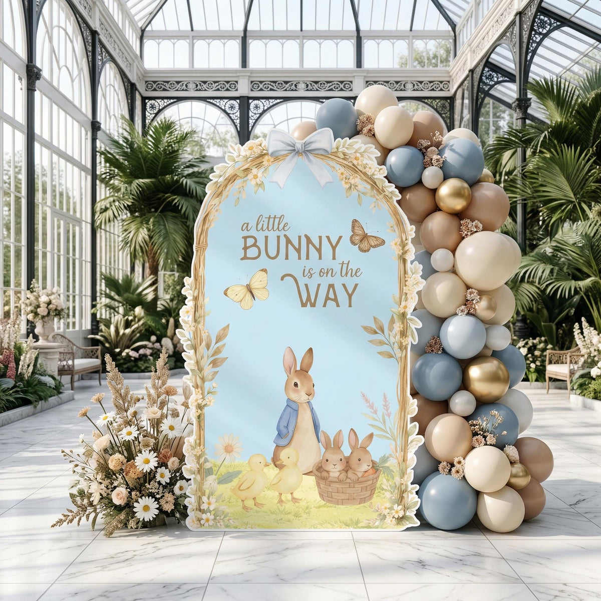 Blue Garden Bunny Cutouts — custom party decor, printed and cut to shape