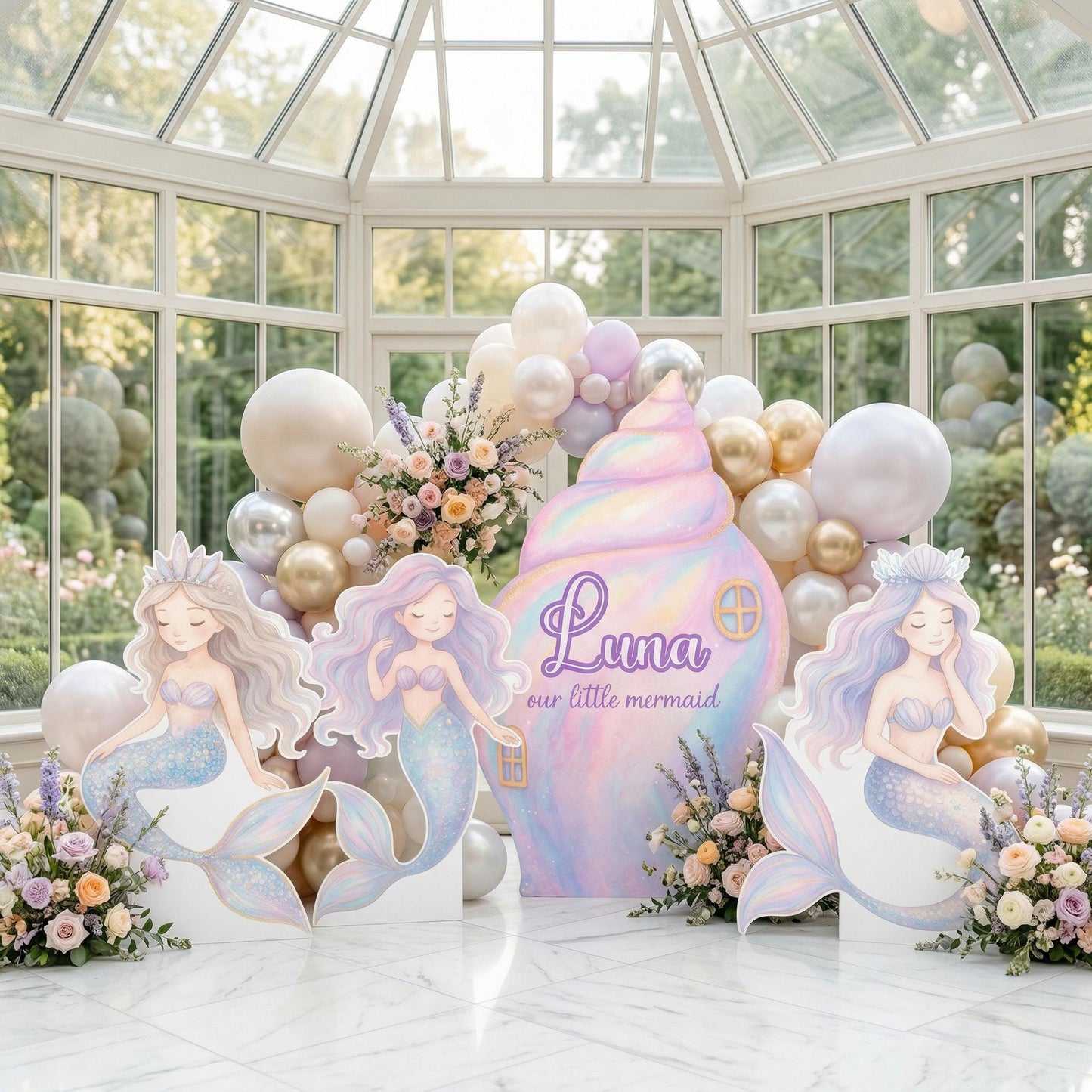 Pastel Mermaid Cutouts — custom party decor, printed and cut to shape