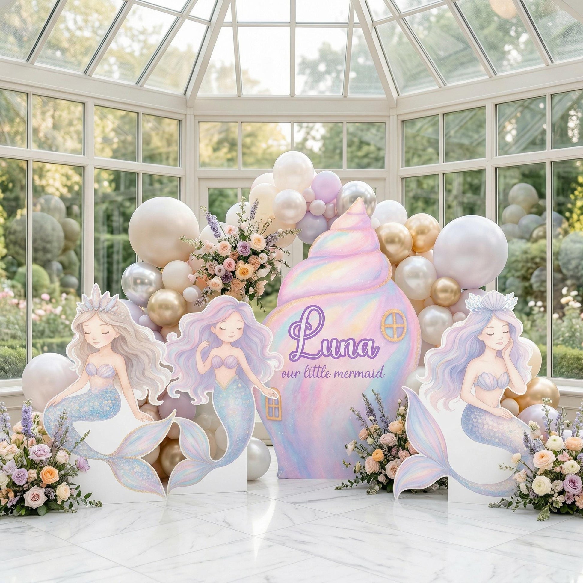 Pastel Mermaid Cutouts — custom party decor, printed and cut to shape
