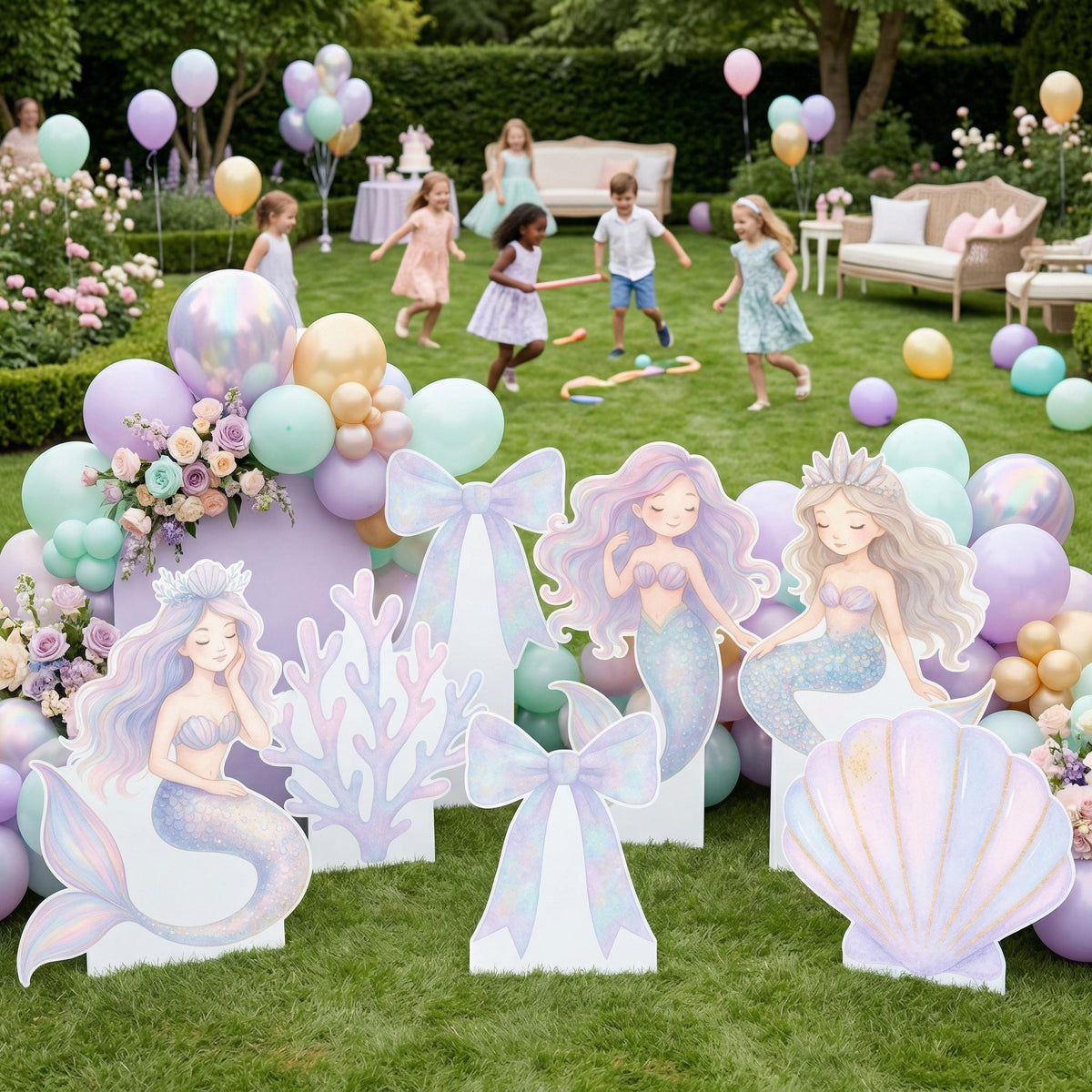 Pastel Mermaid Cutouts, Birthday Party Decor, Seashell Props, Under The Sea Party, Arch Backdrop, Ocean Animals