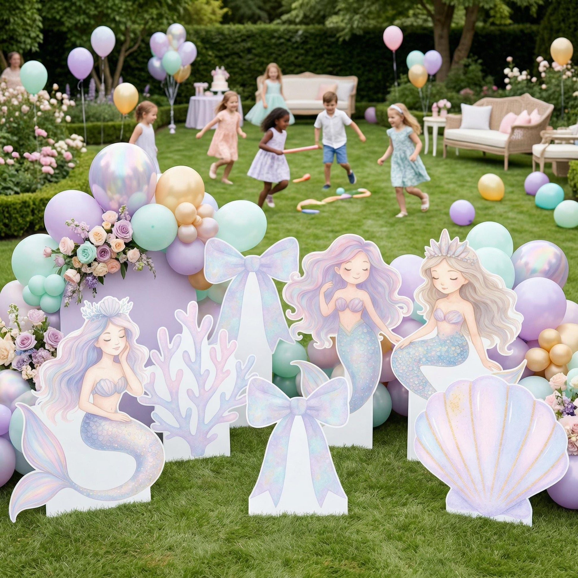 Pastel Mermaid Cutouts, Birthday Party Decor, Seashell Props, Under The Sea Party, Arch Backdrop, Ocean Animals