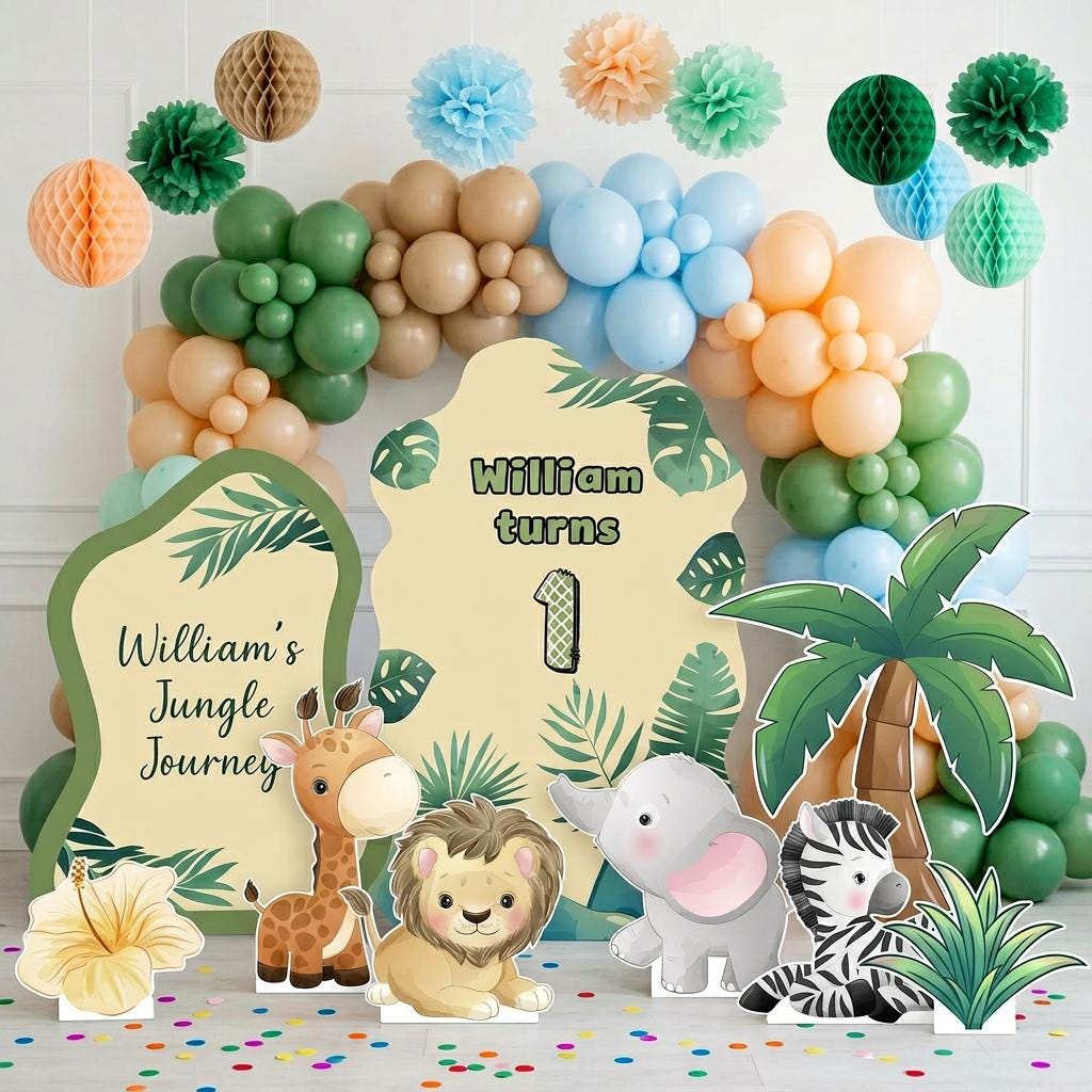 Green Safari Animals Cutouts, Jungle Backdrop, Baby Shower Decor, 1st Birthday, Wild One Birthday