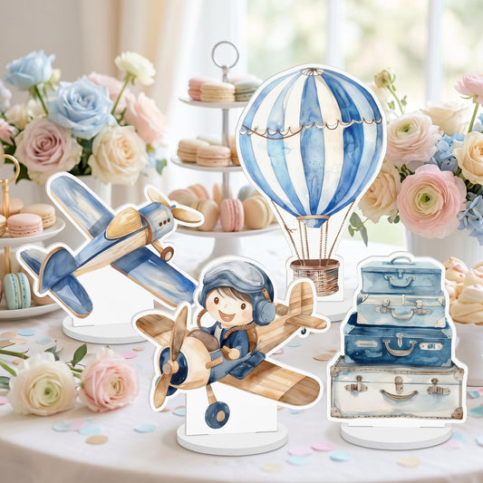 Blue Aviator Boy Double-Sided Table Centerpieces Set 4 — custom party decor, printed and cut to shape