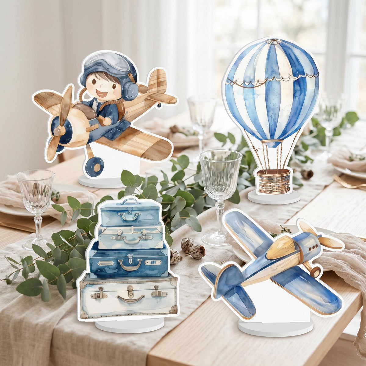 Blue Aviator Boy Double-Sided Table Centerpieces Set 4, Adventure Baby Shower, Clouds Nursery Decor, Table Decor, Birthday Decorations