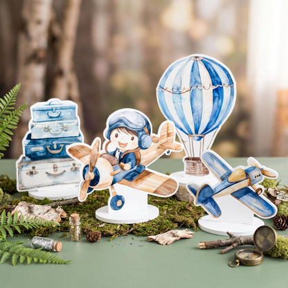 Blue Aviator Boy Double-Sided Table Centerpieces Set 4, Adventure Baby Shower, Clouds Nursery Decor, Table Decor, Birthday Decorations