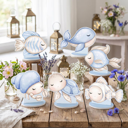Blue Sea Animals Double-Sided Table Centerpieces Set 6, Baby Shower, Nursery Decor, Table Decor, Birthday Decorations, Under the Sea Party
