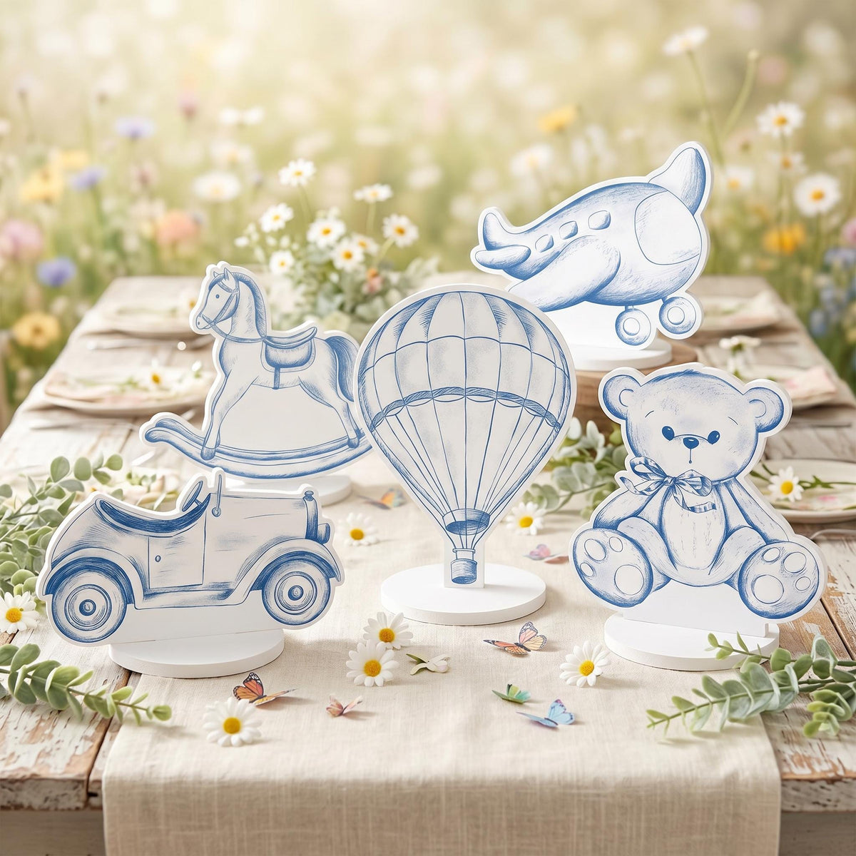 Blue Toile Teddy Bear Double-Sided Table Centerpieces Set 5, Vintage Toys, Chinoiserie Birthday, Baby Shower, Nursery Decor, Table Decor