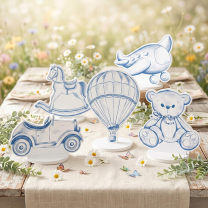 Blue Toile Teddy Bear Double-Sided Table Centerpieces Set 5, Vintage Toys, Chinoiserie Birthday, Baby Shower, Nursery Decor, Table Decor