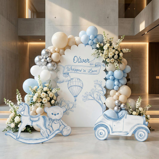 Blue Toile Teddy Bear Cutouts — custom party decor, printed and cut to shape
