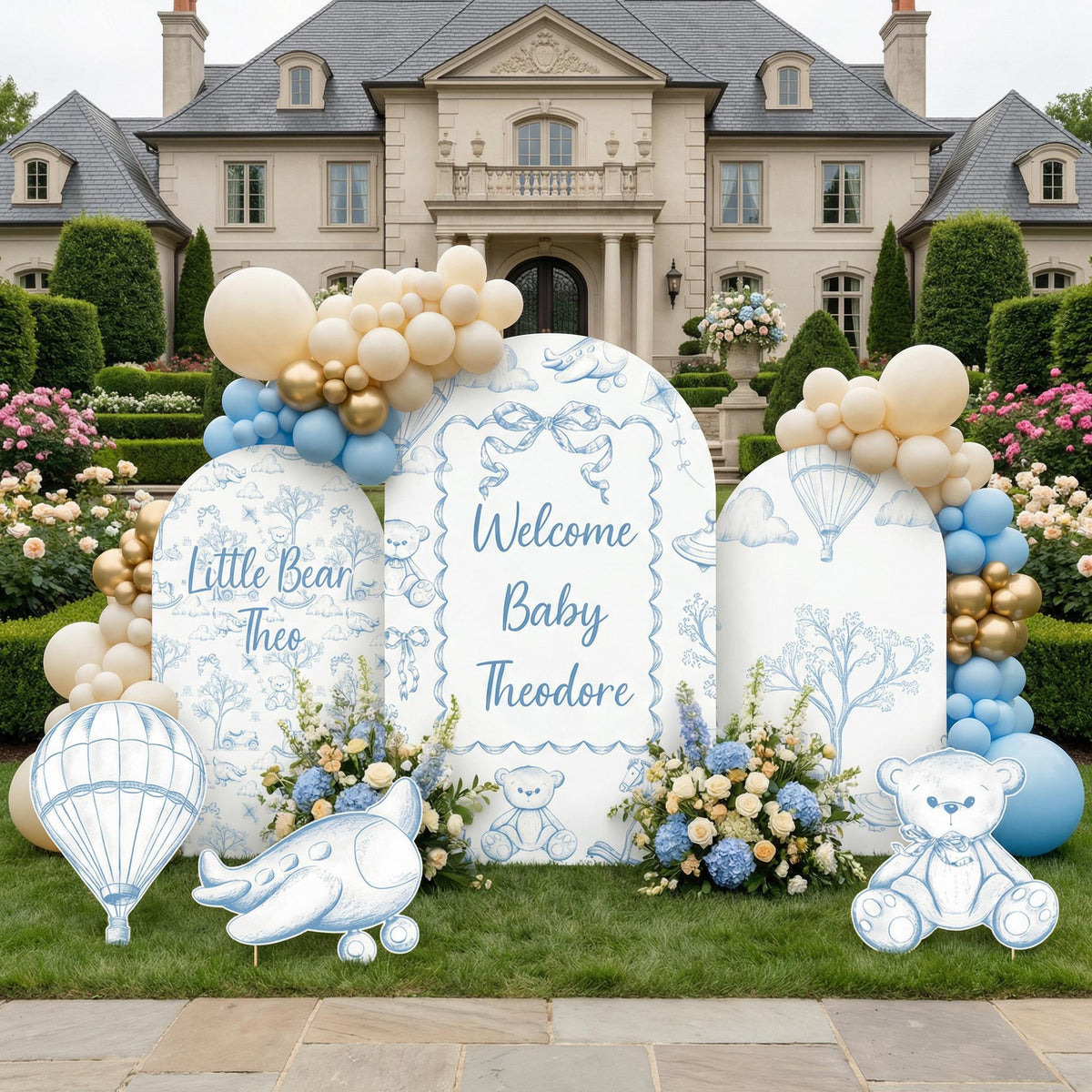 Blue Toile Teddy Bear Cutouts — custom party decor, printed and cut to shape