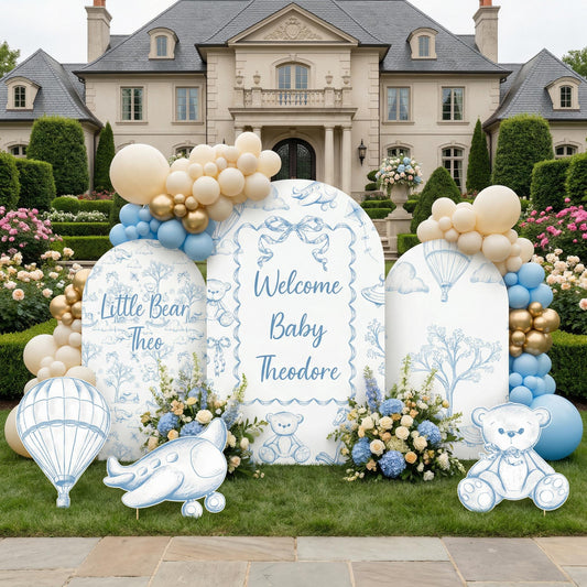 Blue Toile Teddy Bear Cutouts — custom party decor, printed and cut to shape