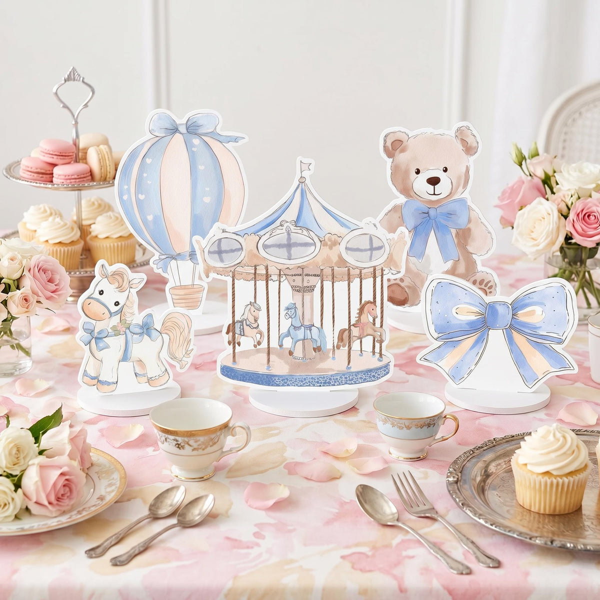 Blue Teddy Bear Double-Sided Table Centerpieces Set 5, Hot Air Balloon, Boys Birthday, Baby Shower, Nursery Decor, Table Decor, Carousel