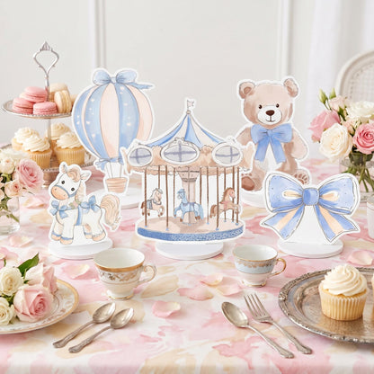 Blue Teddy Bear Double-Sided Table Centerpieces Set 5, Hot Air Balloon, Boys Birthday, Baby Shower, Nursery Decor, Table Decor, Carousel
