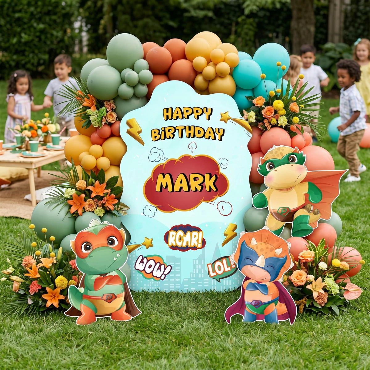 Superhero Dinosaur Party Cutouts, Party Decor, Baby Dino, Birthday Party Props, Baby Shower, Lawn Sign, Comic
