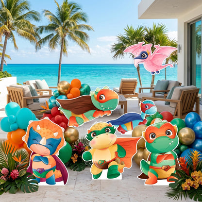 Superhero Dinosaur Set 6 Party Cutouts — custom party decor, printed and cut to shape
