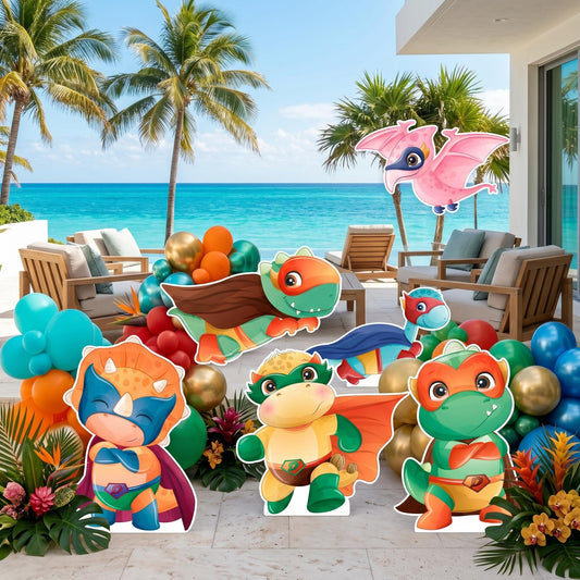 Superhero Dinosaur Set 6 Party Cutouts — custom party decor, printed and cut to shape