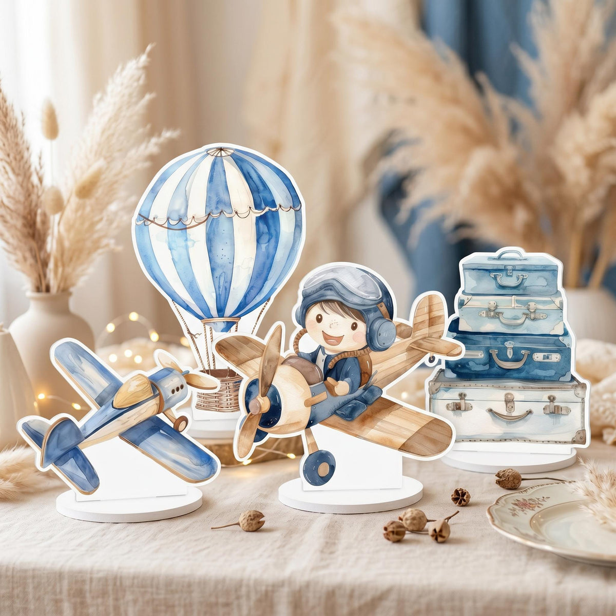 Blue Aviator Boy Double-Sided Table Centerpieces Set 4, Adventure Baby Shower, Clouds Nursery Decor, Table Decor, Birthday Decorations