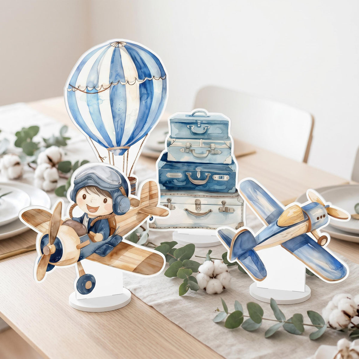 Blue Aviator Boy Double-Sided Table Centerpieces Set 4, Adventure Baby Shower, Clouds Nursery Decor, Table Decor, Birthday Decorations