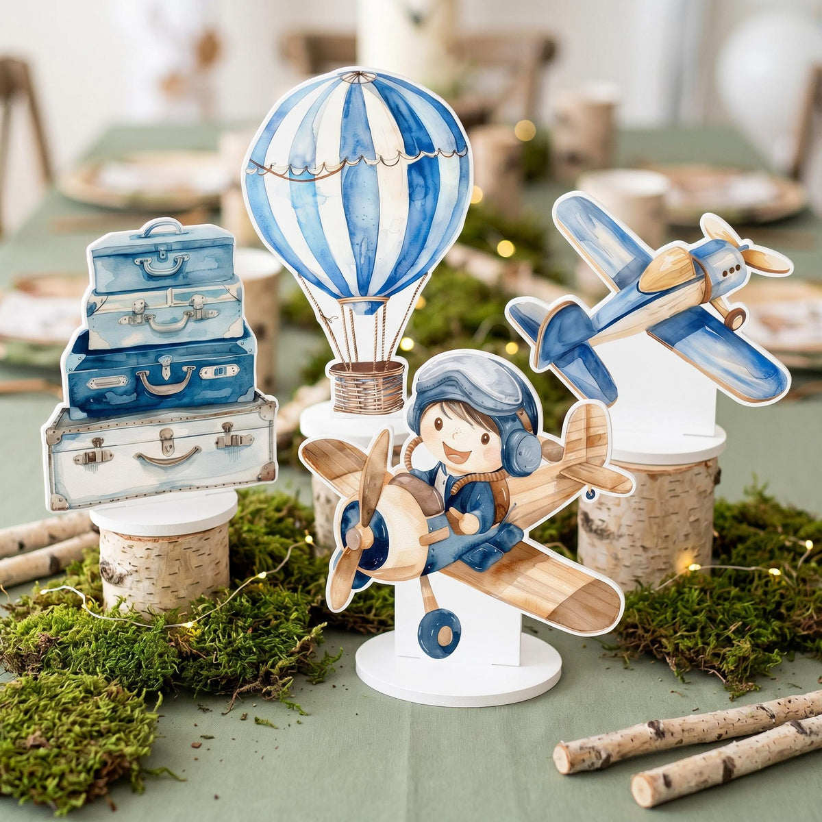 Blue Aviator Boy Double-Sided Table Centerpieces Set 4, Adventure Baby Shower, Clouds Nursery Decor, Table Decor, Birthday Decorations