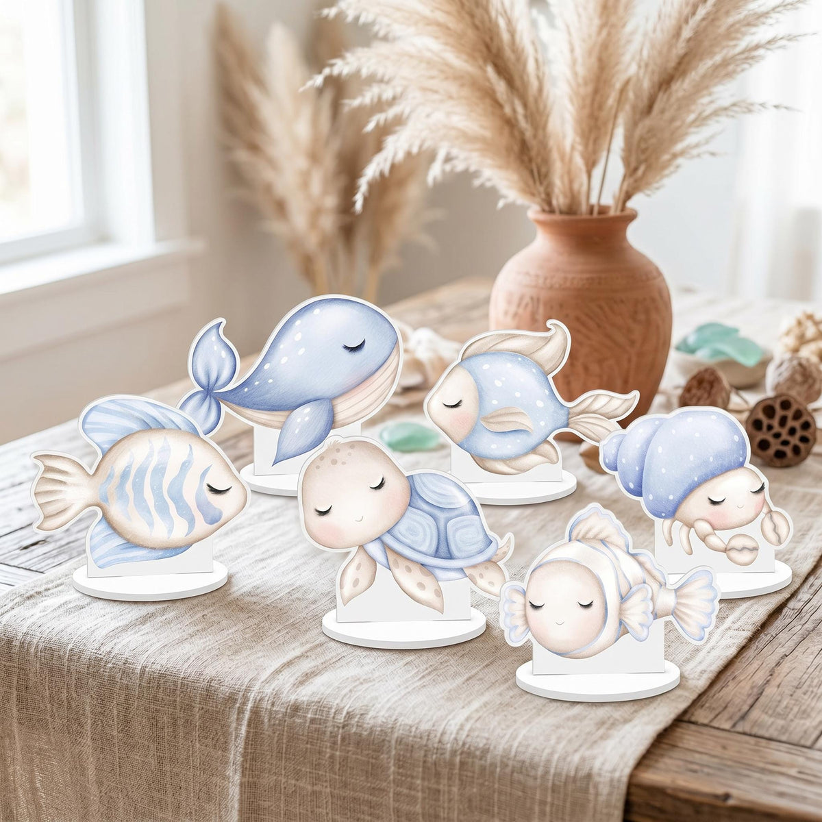 Blue Sea Animals Double-Sided Table Centerpieces Set 6, Baby Shower, Nursery Decor, Table Decor, Birthday Decorations, Under the Sea Party
