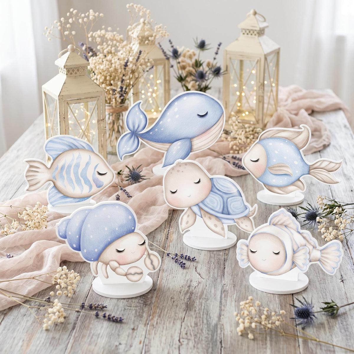 Blue Sea Animals Double-Sided Table Centerpieces Set 6, Baby Shower, Nursery Decor, Table Decor, Birthday Decorations, Under the Sea Party