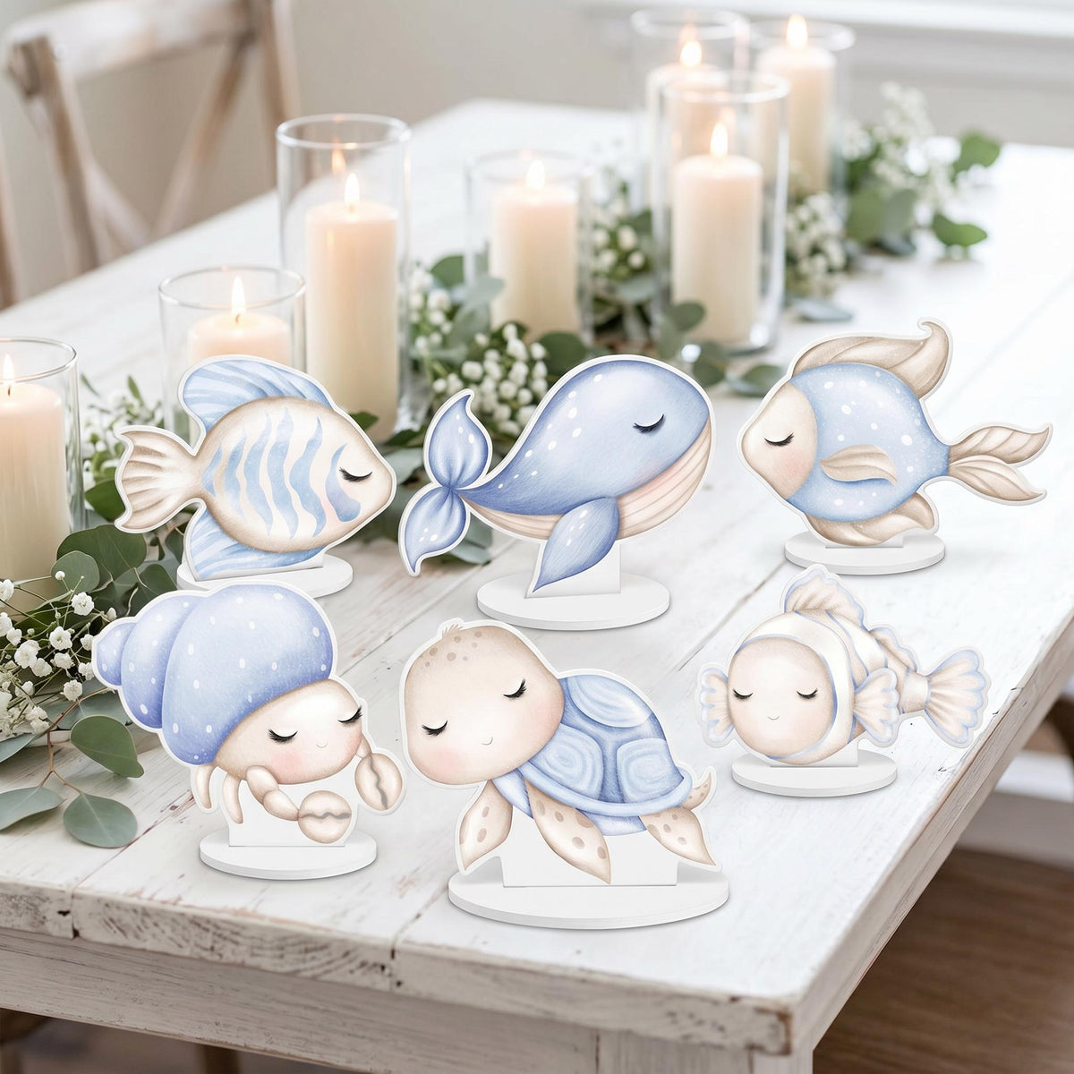 Blue Sea Animals Double-Sided Table Centerpieces Set 6, Baby Shower, Nursery Decor, Table Decor, Birthday Decorations, Under the Sea Party