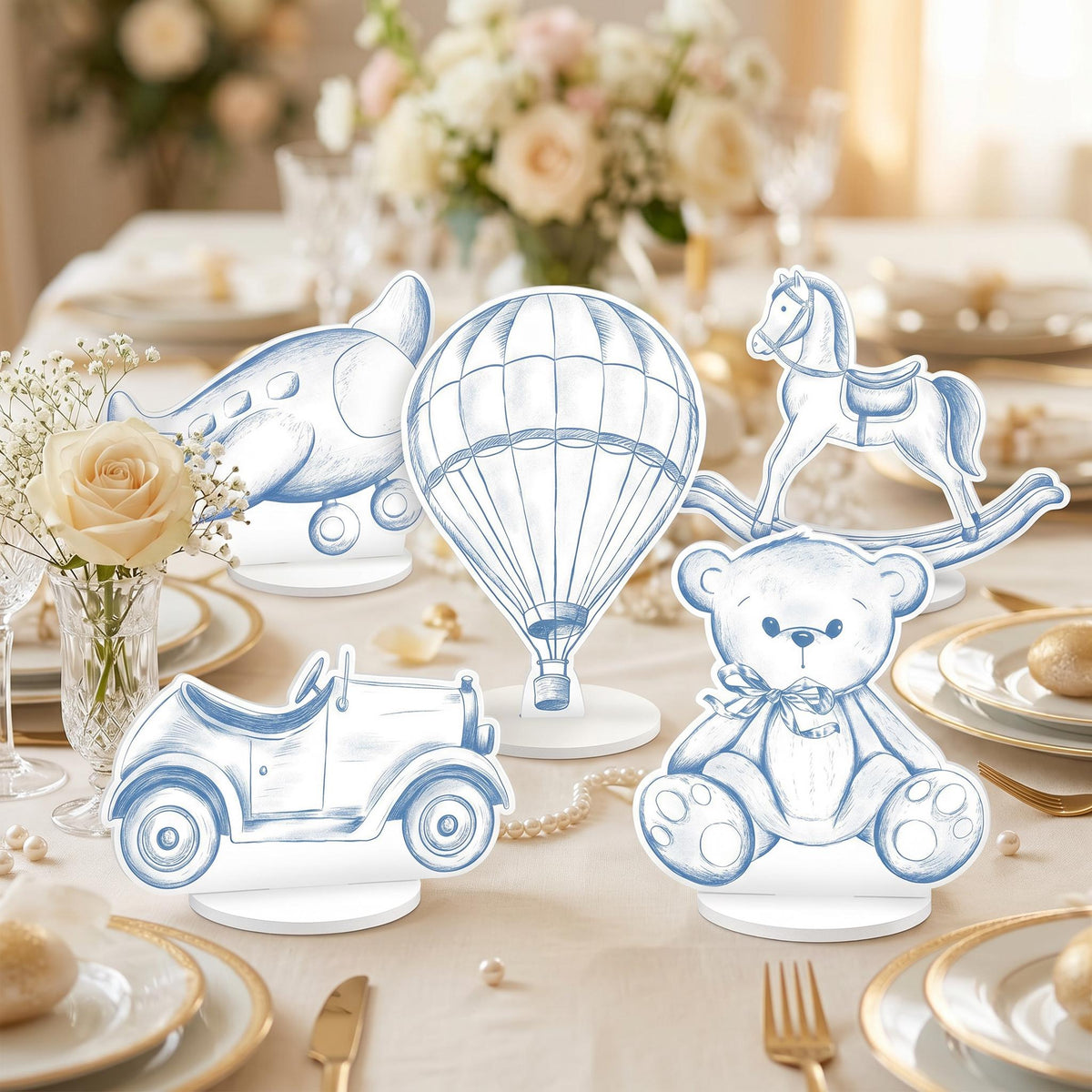 Blue Toile Teddy Bear Double-Sided Table Centerpieces Set 5, Vintage Toys, Chinoiserie Birthday, Baby Shower, Nursery Decor, Table Decor