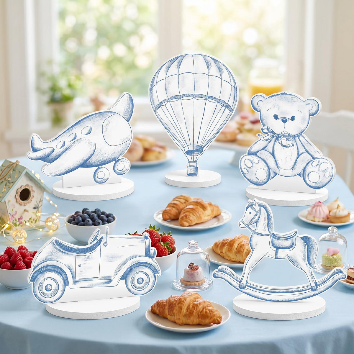 Blue Toile Teddy Bear Double-Sided Table Centerpieces Set 5, Vintage Toys, Chinoiserie Birthday, Baby Shower, Nursery Decor, Table Decor