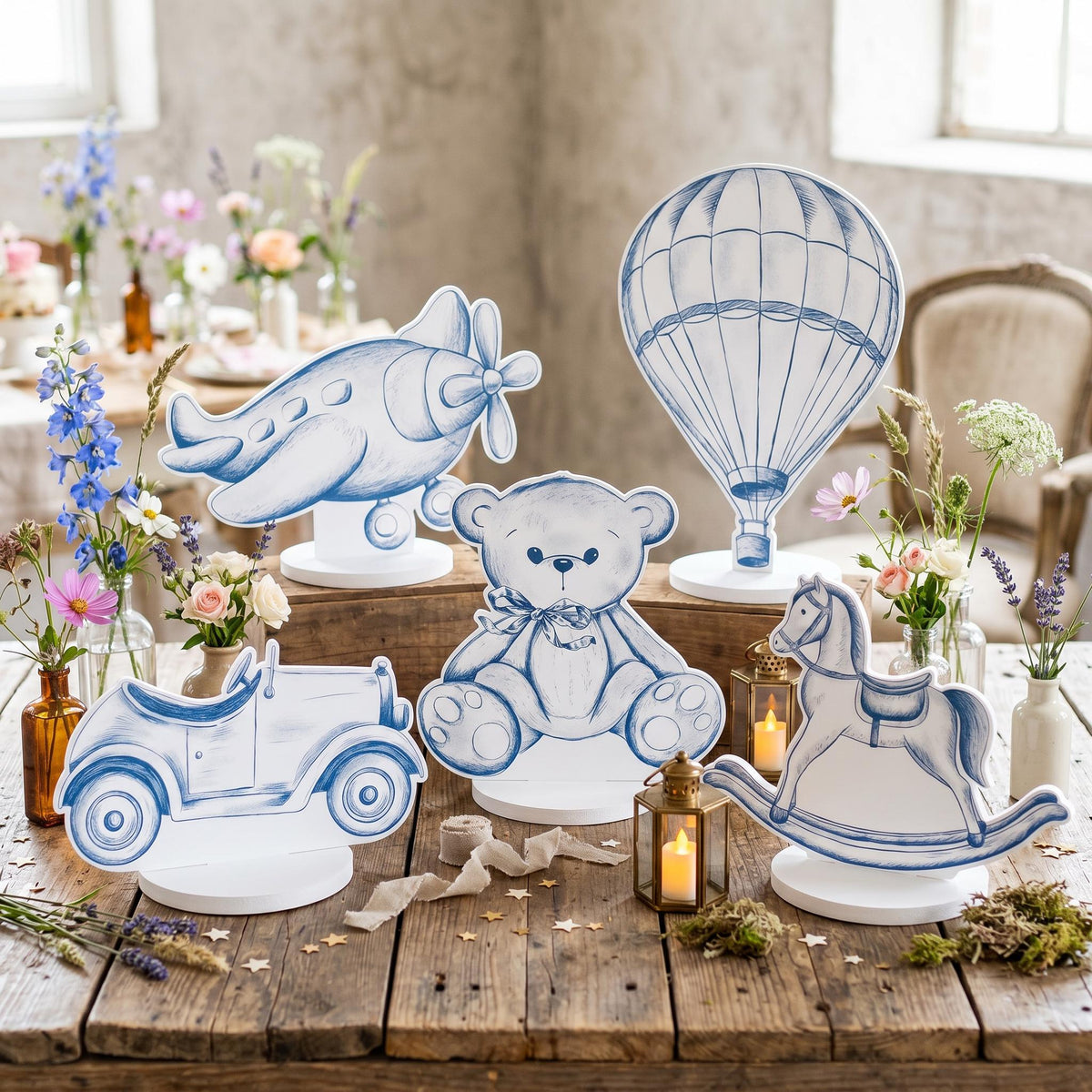 Blue Toile Teddy Bear Double-Sided Table Centerpieces Set 5, Vintage Toys, Chinoiserie Birthday, Baby Shower, Nursery Decor, Table Decor