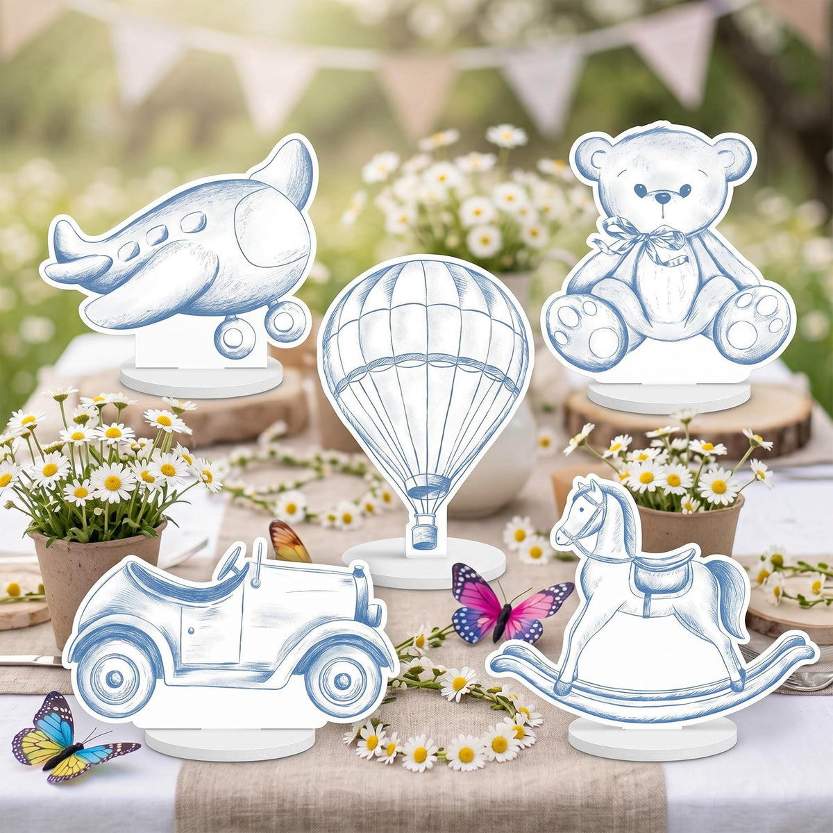 Blue Toile Teddy Bear Double-Sided Table Centerpieces Set 5, Vintage Toys, Chinoiserie Birthday, Baby Shower, Nursery Decor, Table Decor