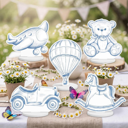 Blue Toile Teddy Bear Double-Sided Table Centerpieces Set 5, Vintage Toys, Chinoiserie Birthday, Baby Shower, Nursery Decor, Table Decor