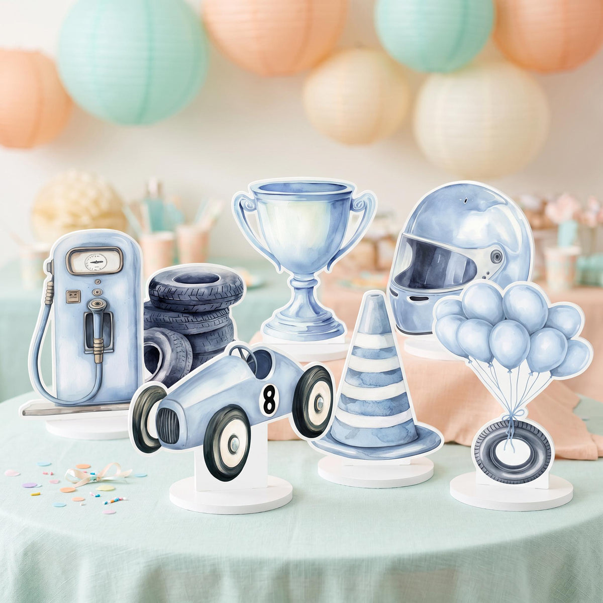 Blue Race Car Double-Sided Table Centerpieces Set 7, Boys Baby Shower, Nursery Decor, Table Decor, Birthday Decorations, Vintage Cars