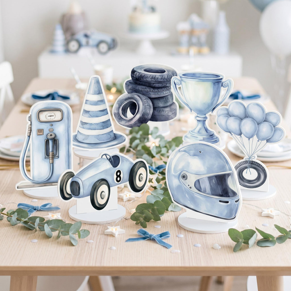 Blue Race Car Double-Sided Table Centerpieces Set 7 — custom party decor, printed and cut to shape