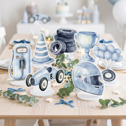 Blue Race Car Double-Sided Table Centerpieces Set 7 — custom party decor, printed and cut to shape